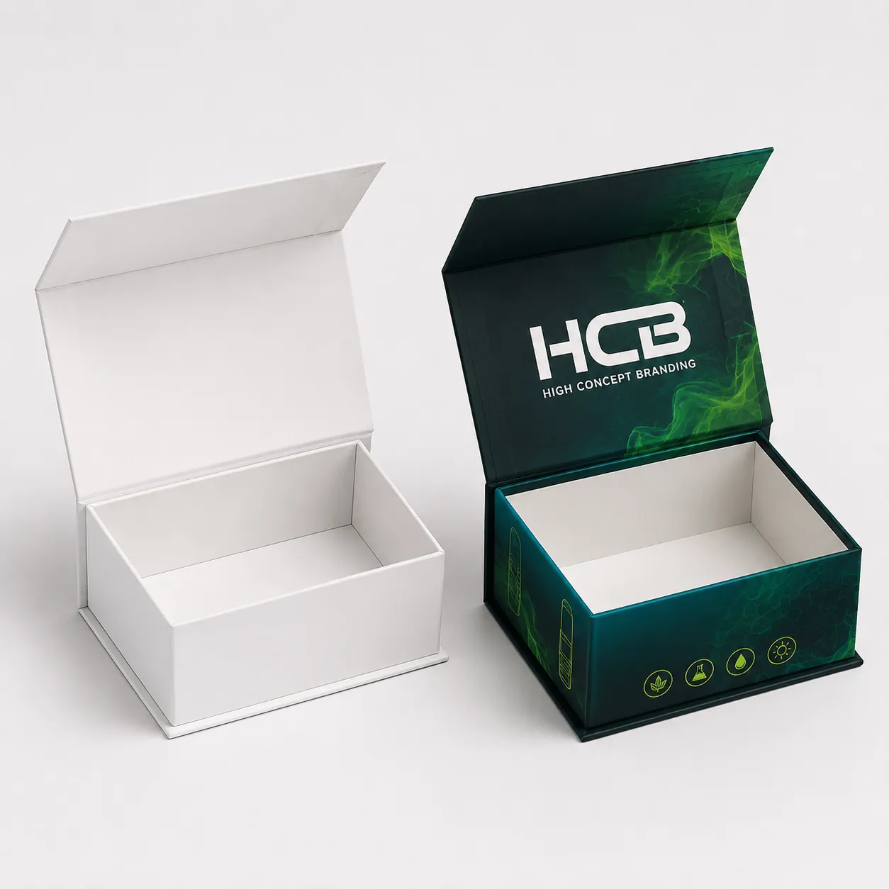 Custom magnetic rigid boxes for premium vape cartridge packaging shown in printed and blank options. class=